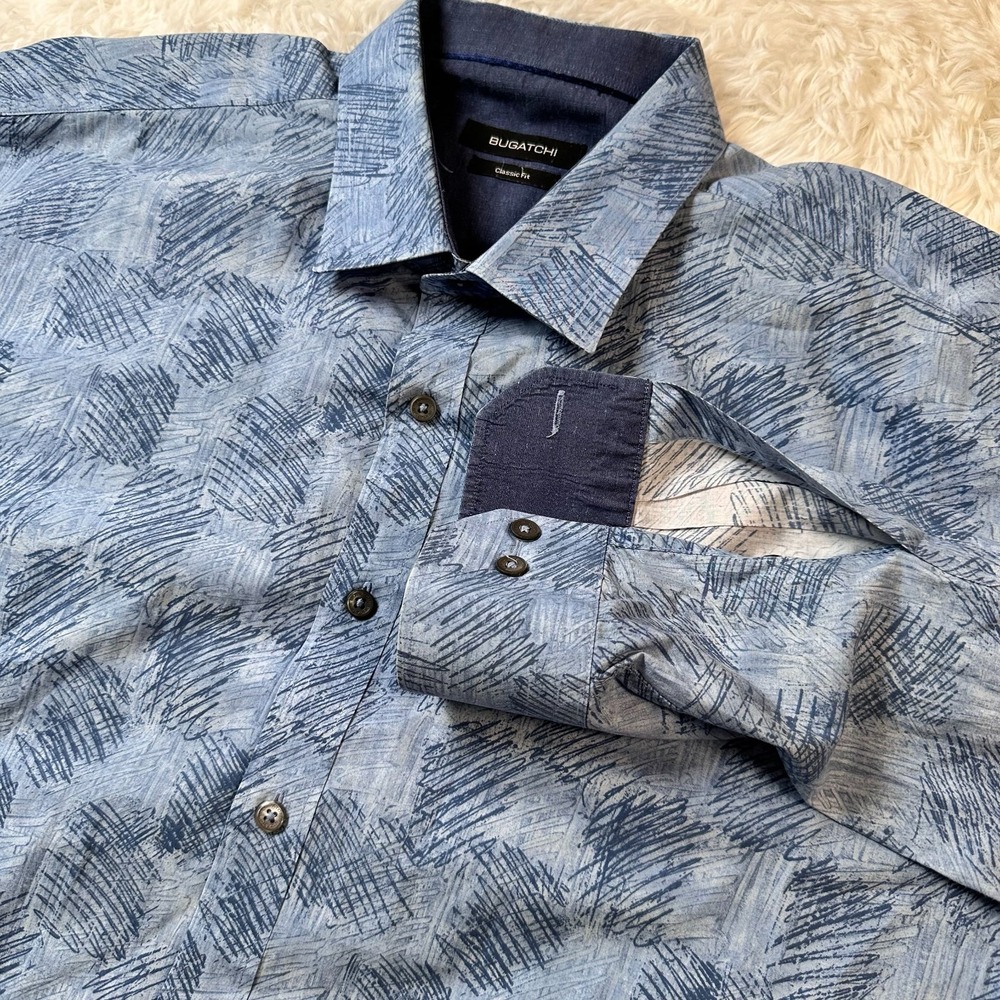 Bugatchi Classic Fit Men’s Large Blue Geometric Button Front Long Sleeve Shirt